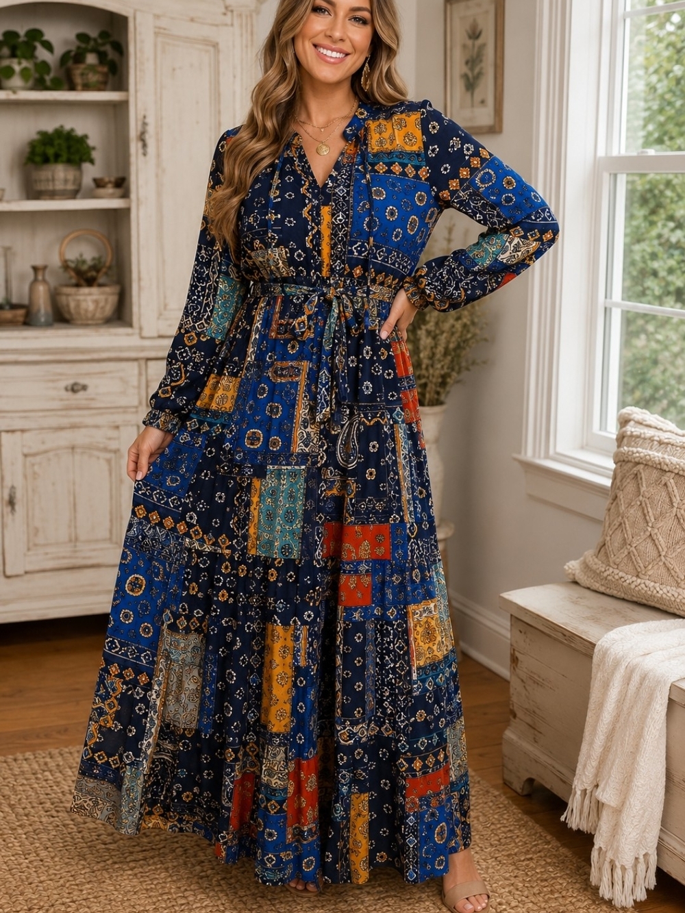 Easel Patchwork Boho Maxi Dress in Navy